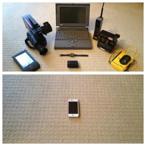 a bunch of old technology next to an iphone for comparison
